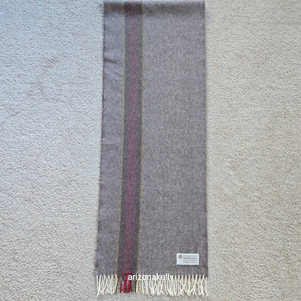 NWOT Wool Herringbone Scarf Brown with Burgundy & Yellow Stripe - Picture 8 of 11
